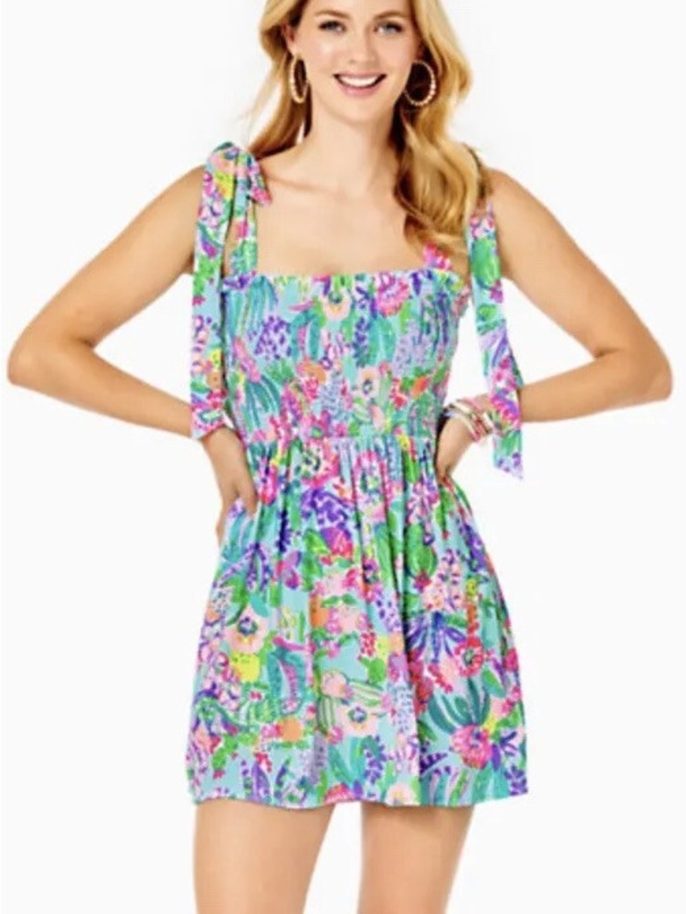 Lilly Pulitzer Rivera Romper Aqua Floral Tie-Shoulder Smocked Skort Dress